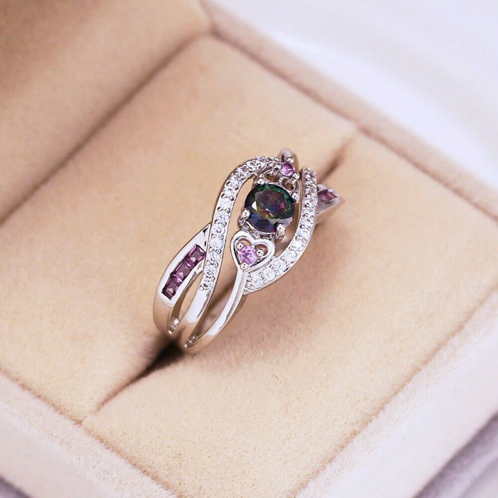 925 Silver Round Cut Mystic Topaz Ring - Picture 3 of 6